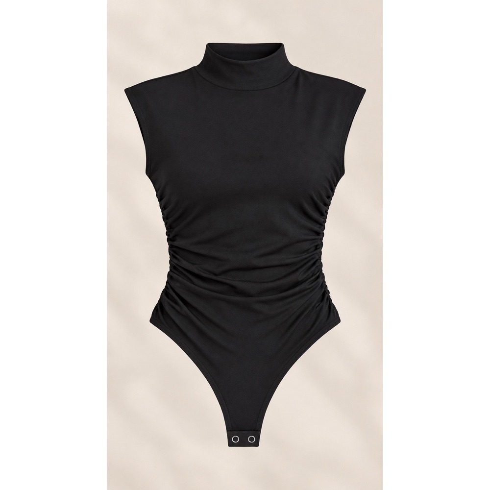 Good American Weightless Sculpting Bodysuit Black Size L Ruched Mock Neck NWT